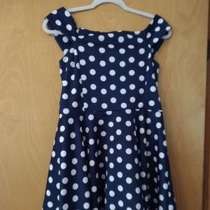 Navy blue with white polka dot off the shoulder dress, No Boundaries, size 11-13